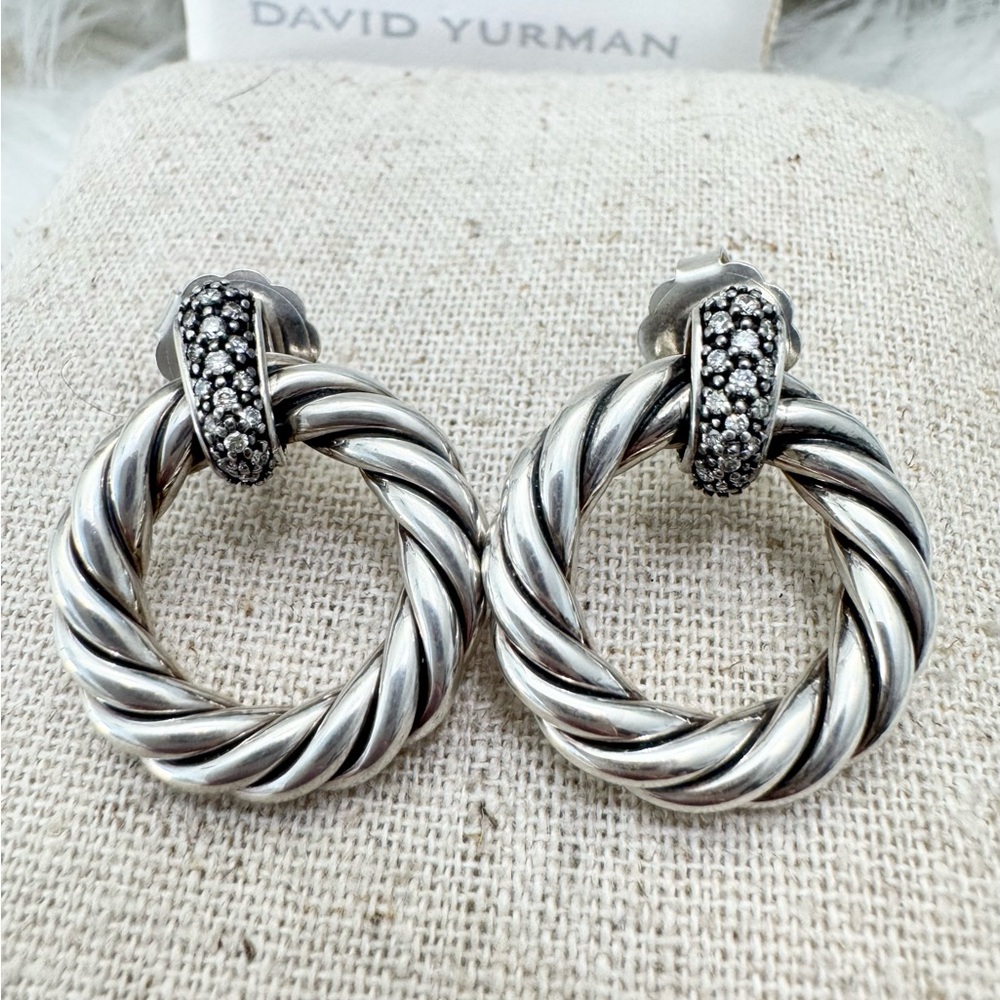 David Yurman Midnight Melange Diamond Circle Door Knocker Cable Earrings .925